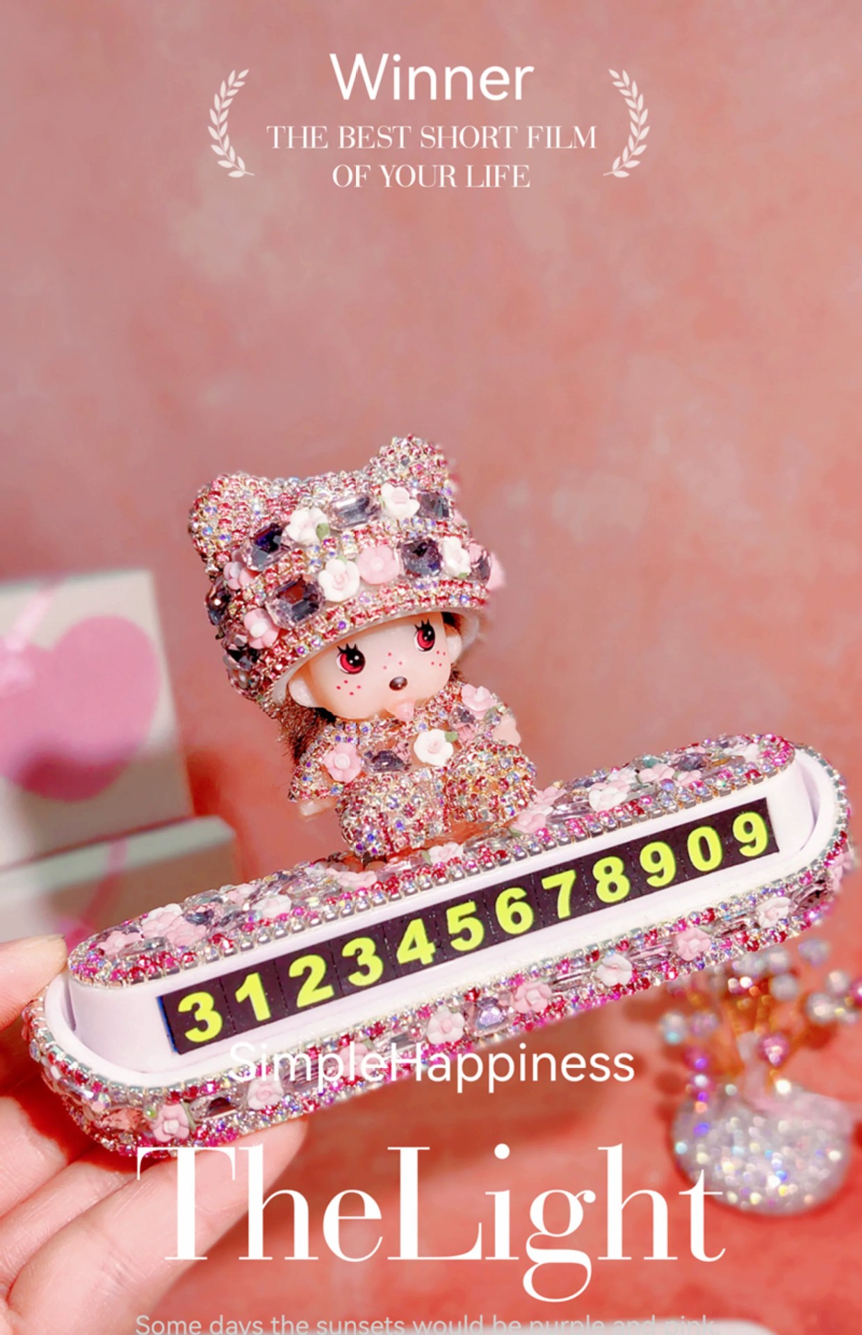 Car temporary parking number plate, car parking sign ornament, diamond-encrusted, popular style for girls