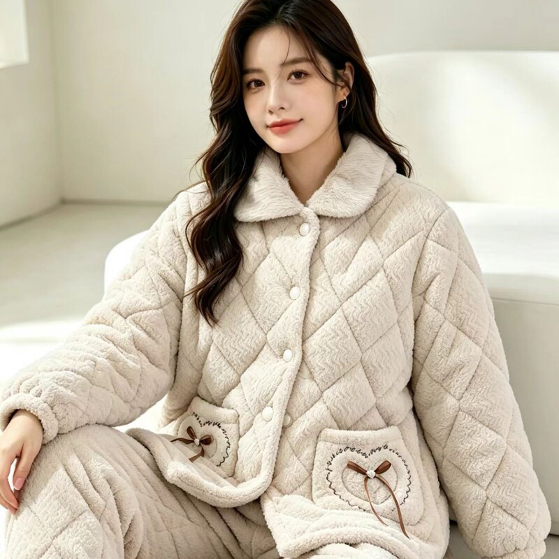 Winter three-layer quilted pajamas for women with plush collar and bow, thickened and warm home wear set wholesale (Dragon)