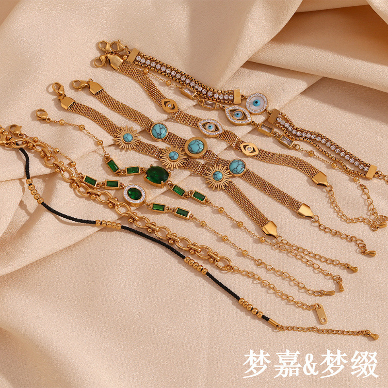 European and American fashion popular niche vintage bracelet stainless steel 18K gold plated micro inlaid Natural Stone Devil's Eye bracelet European and American fashion popular niche vintage bracelet stainless steel 18K gold plated micro inlaid Natural Stone Devil's Eye bracelet