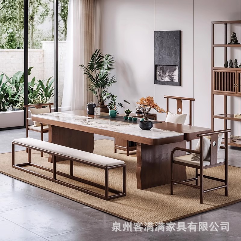 新中国式の実木の大きい板のお茶のテーブルの椅子の組み合わせは軽くて豪華な岩の板の茶台の家庭用のお茶のテーブルの中国式の禅意の茶室を浸します。