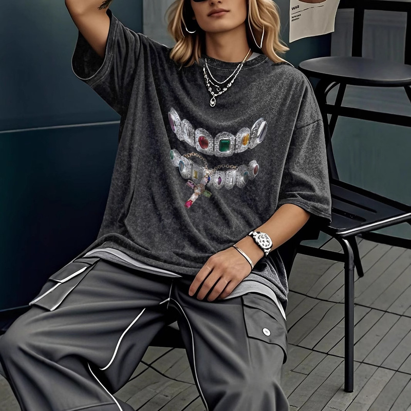 Cotton 62%/Polyester (Polyester Fiber) 38%/Women's Teeth Gemstone Fashion Casual Distressed Washed T-Shirt