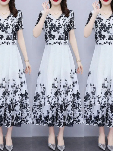 Original Size Ink Print Dress for Women 2025 Summer, Elegant Chinese Style Beach Vacation Fashion Long Dress