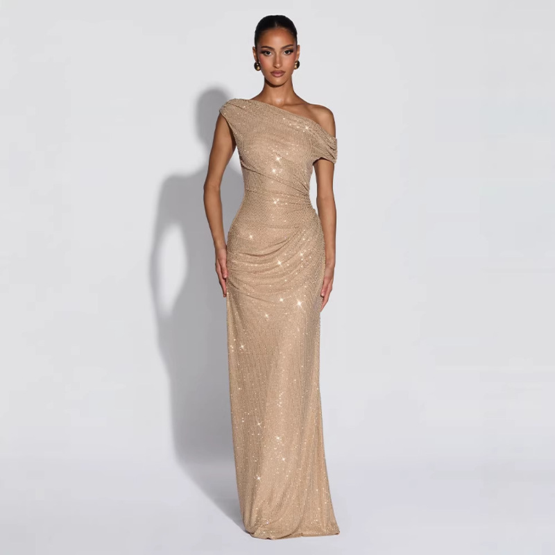 Cross-Border European and American 2026 Spring and Autumn New High-End Women's Fashion One-Shoulder Cut-Out Waist Slim-Fit Rhinestone Long Dress for Women Cross-Border European and American 2026 Spring and Autumn New High-End Women's Fashion One-Shoulder Cut-Out Waist Slim-Fit Rhinestone Long Dress for Women