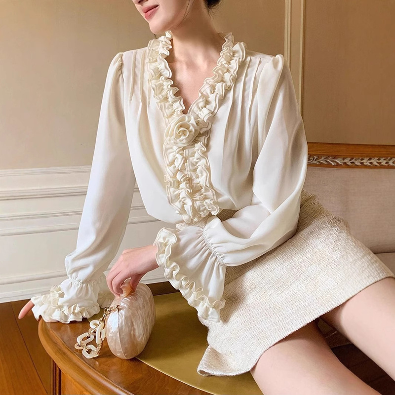 French Heavy Industry Auricularia Lace Rose Shirt Women's Design Sense Niche Loose Draped Long Sleeve Top