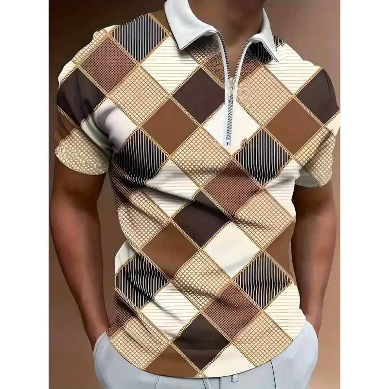 Clásico retro cuadrado de color regular estampado 3D hombre todo fósforo ancho de hombro suelto transpirable caballo camisa POLO con cremallera