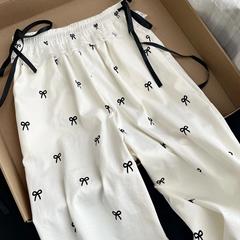 甘いギャルのレースの辺はカジュアルなズボンの蝶結びのズボンの女性の夏のゆったりしている腰の広い足のズボンのストレートなズボンをつなぎ合わせます。