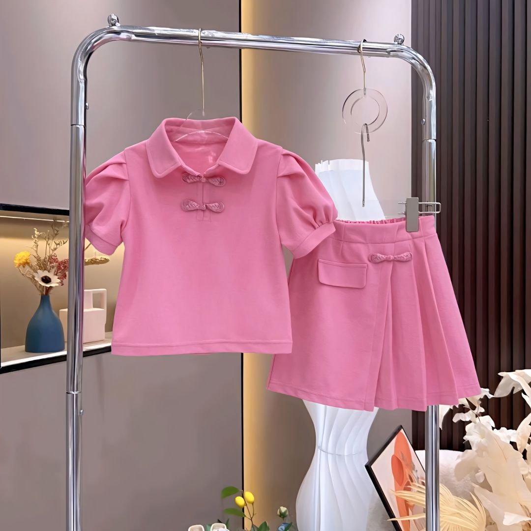 New Korean style 2025 girls' two-piece set, short-sleeved, preppy style, thin, sweet and casual.