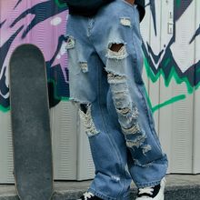 美式街头破洞洗水直筒牛仔裤男2023夏季欧美潮牌宽松VIBE滑板长裤