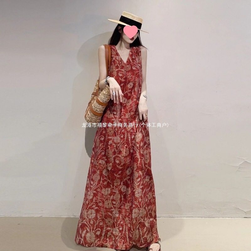 French-Style Long Cotton-Linen Sleeveless Tank Dress for Tall Women, Summer Thin Dress That Covers the Belly, Extended Length for Tall Individuals