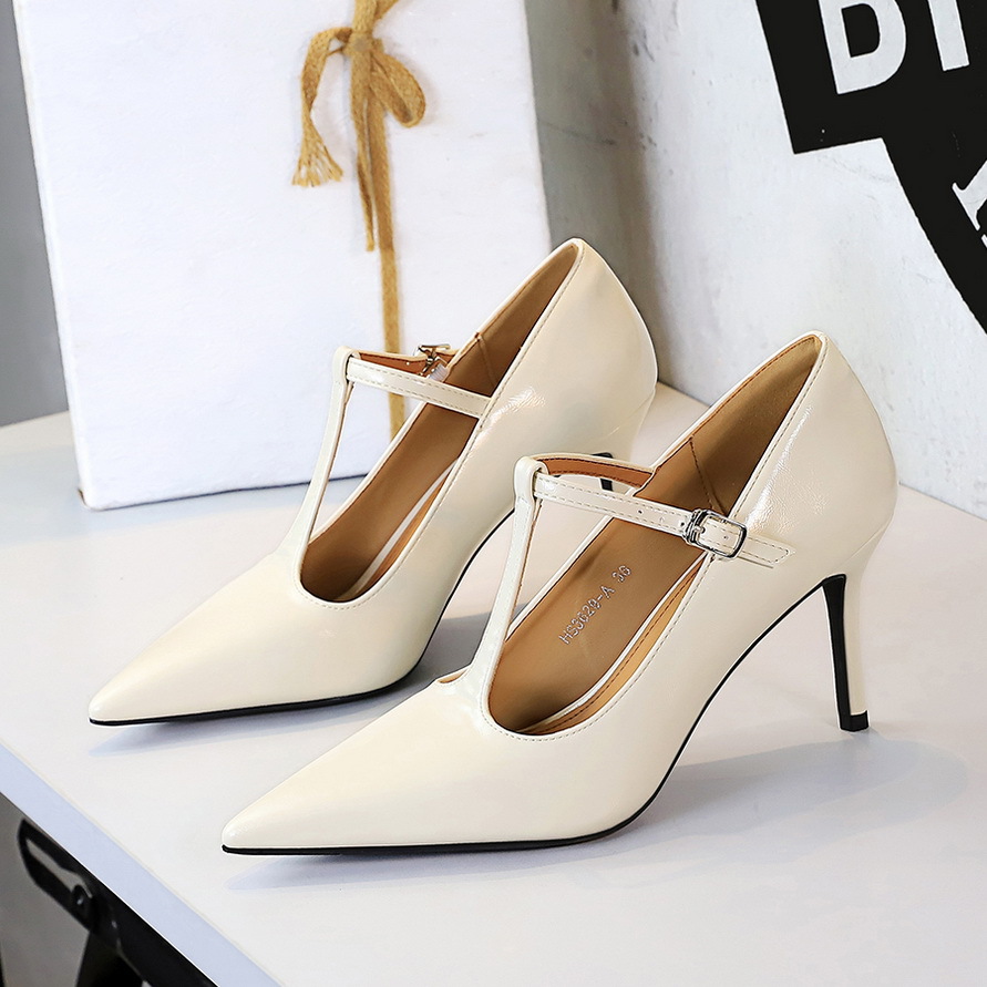 3629-A European And American Style Elegant T-Strap High Heels Hollow Pointed Toe Shallow Mouth Women's One-Strap Thin_vogvips.com