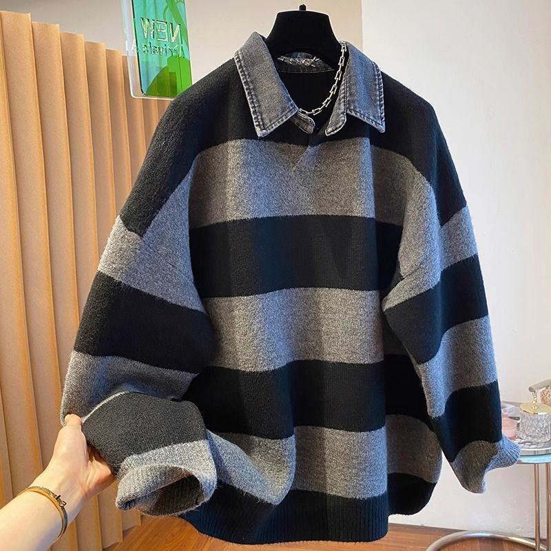 Plus Size 150kg Thick Striped Denim Collar Sweater Coat for Women, Autumn and Winter Slimming Loose Knit Top