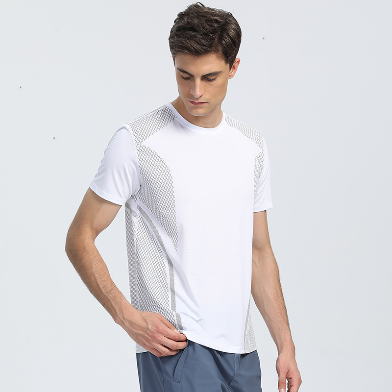 Transfronterizo impreso sudor-absorbente de secado rápido camiseta de los hombres verano nuevo cuello redondo estiramiento transpirable de manga corta deportes ropa de entrenamiento al aire libre