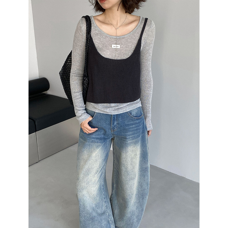 Jiangzuo Fashionable Layered Style Two-piece Long-sleeve Knit Sweater...