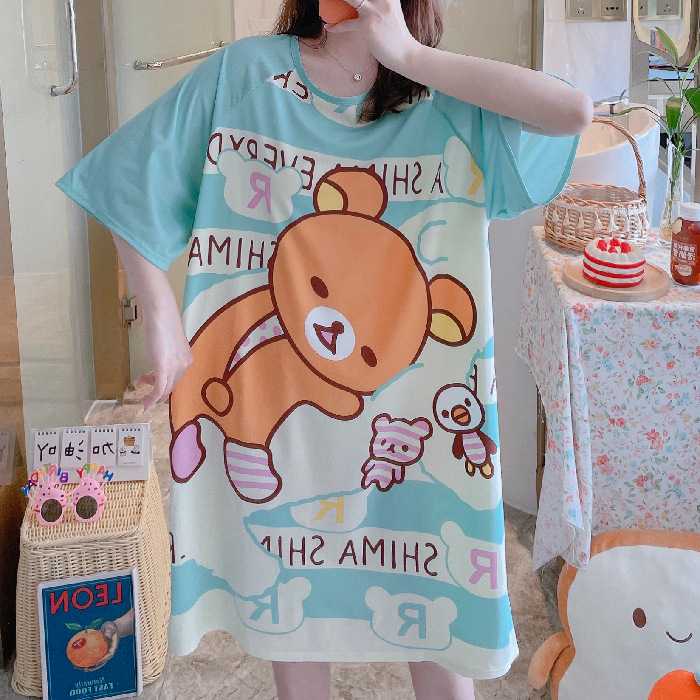 Camisón de verano de las mujeres camisón de manga corta de comercio exterior de dibujos animados pijamas delgados de una sola pieza vestido lindo homewear