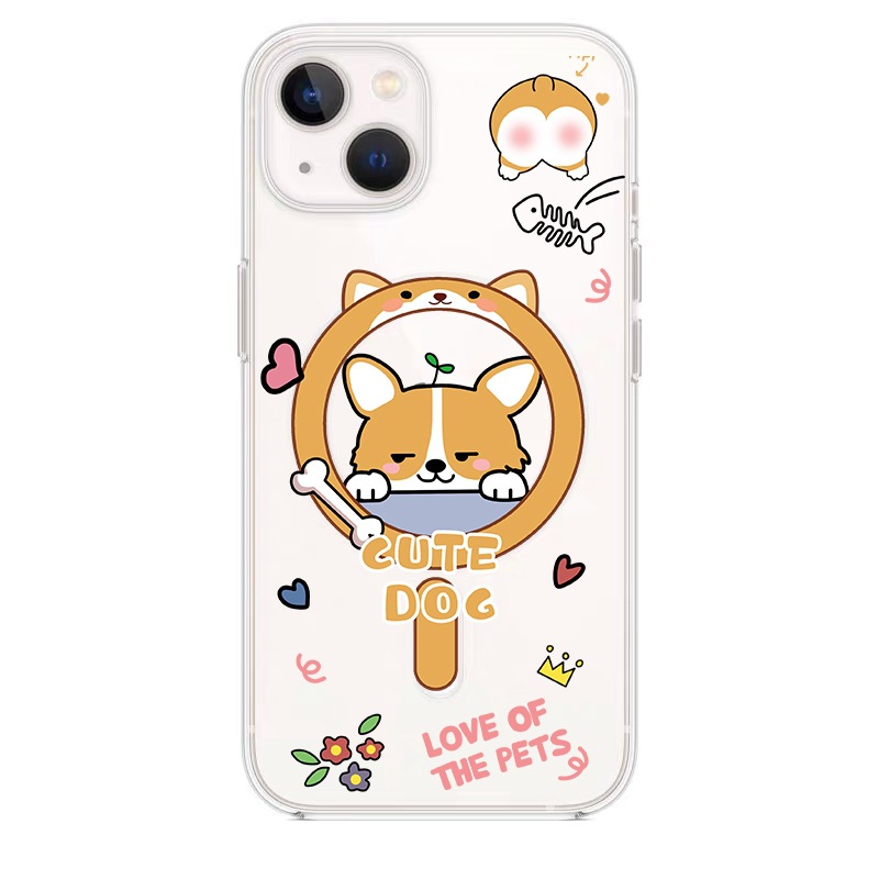 Applicable au téléphone portable iPhone 15 Apple 14 chien corgi transparent 13 étui de protection complet en TPU à aspiration magnétique 11_voghion.com