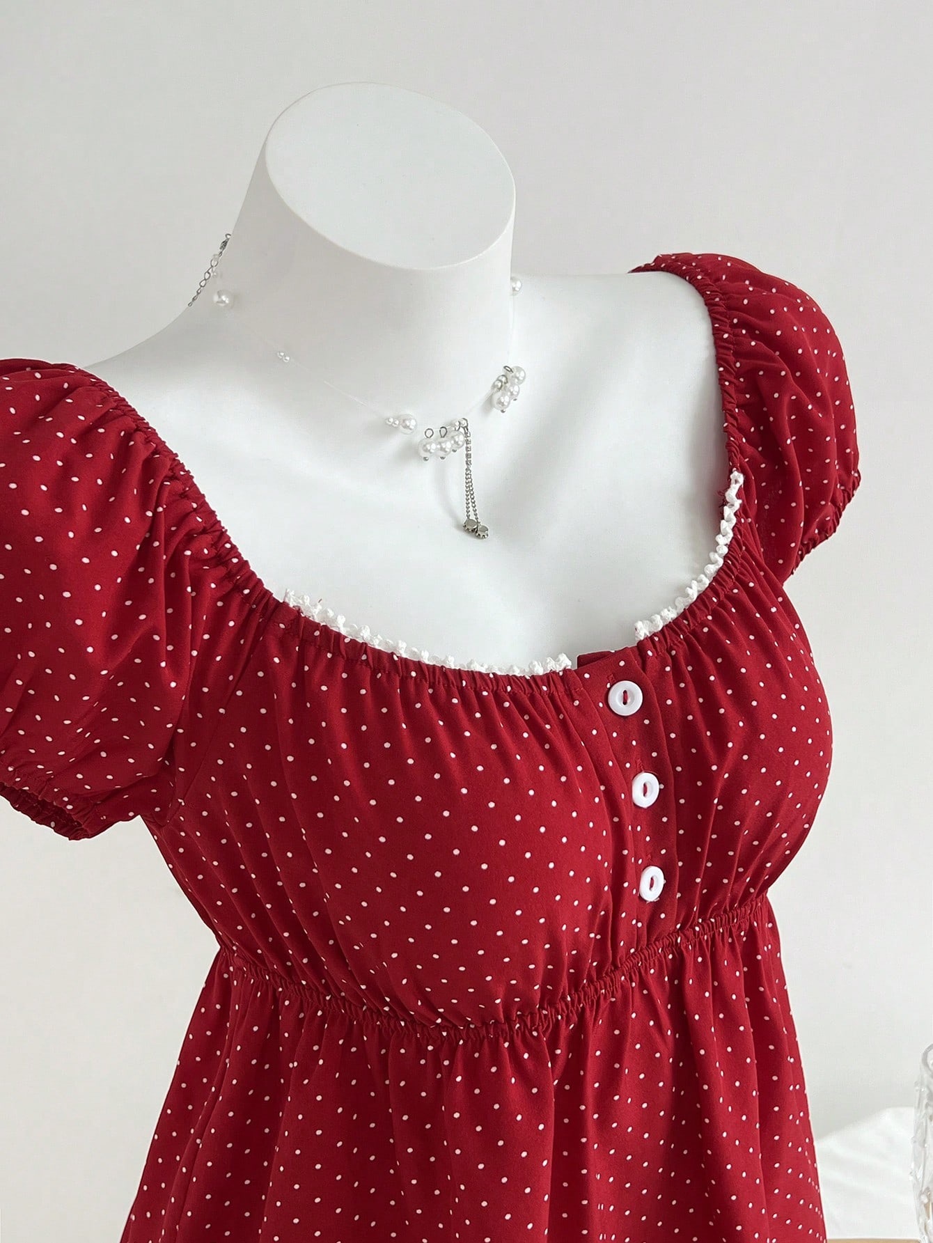 Women's Summer Elegant French Style Waist Cinching Short Sleeve Square Neck Polka Dot Shirt_ecoleips.com