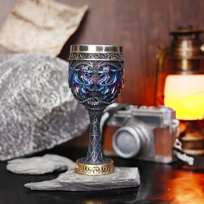Cross-Border Foreign Trade Retro Double-Dragon Goblet, Medieval Game of Thrones Mug, American-Style Tall Red Wine Glass