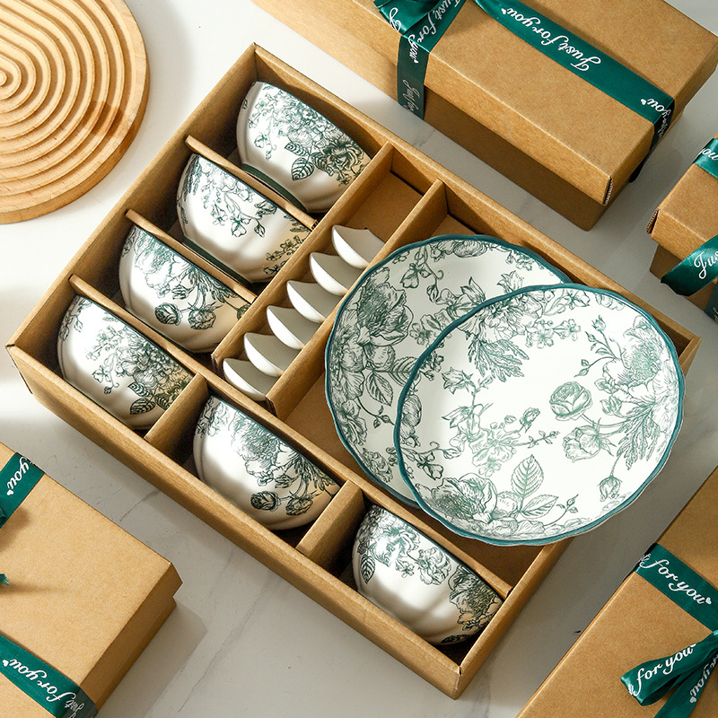 Vajilla de cerámica estilo japonés con diseño de rosas para uso doméstico, juego de platos y cuencos con color bajo esmalte, vajilla para regalo de inauguración de eventos empresariales. image 3