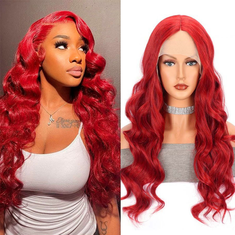 Cross-border European and American red front lace wig long curly hair female chemical fiber headgear lace front wigs wholesale