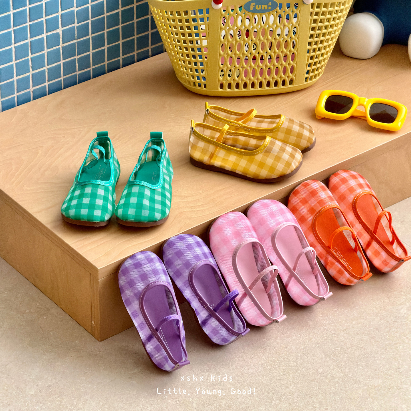 Xshx Transparent Jelly-Like Feel｜Superlative Plaid Breathable Mesh Mary Jane Girls' Flats with Non-Slip Rubber Soft Sole