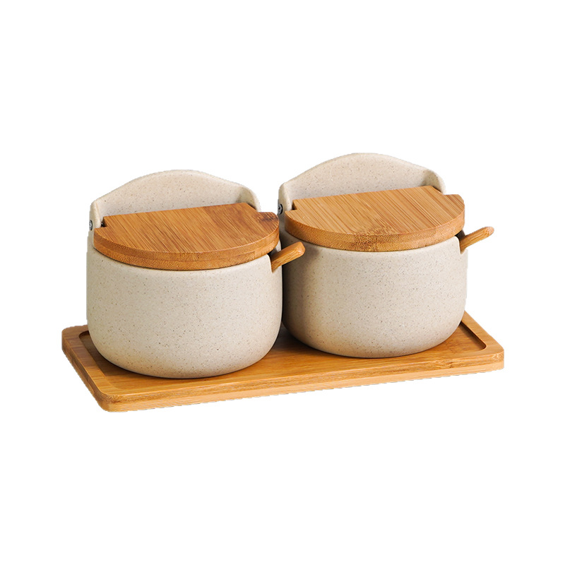 Venta al por mayor de estilo japonés creativo simple salud cerámica condimento tarro cocina condimento caja a prueba de humedad azúcar y sal tarro conjunto de tres piezas