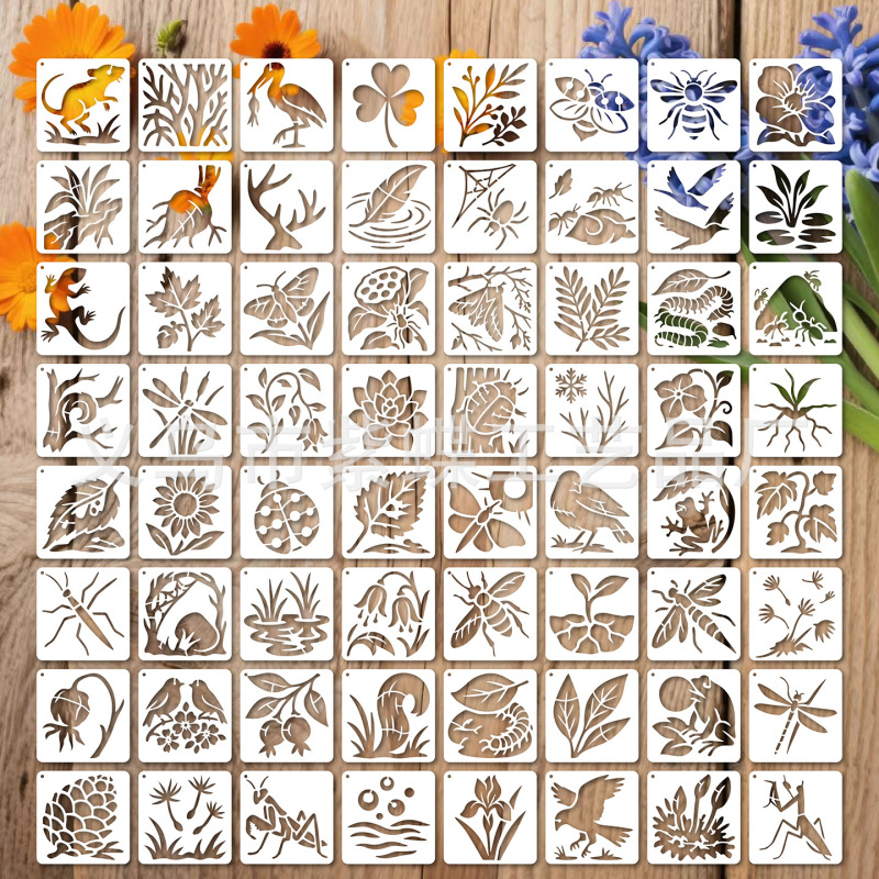 厂家现货批发花草昆虫64张镂空画跨境墙绘涂鸦diy松果瓢虫镂印花|undefined