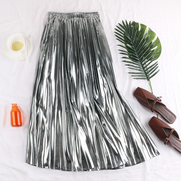 Skirt 2025 New Autumn and Winter Slimming Look Korean Style High Waist Versatile Metal Reflective Mid-Length A-Line Pleated Skirt for Women