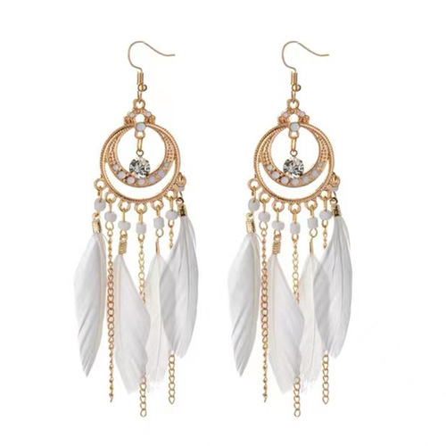 Cross-border Bohemian red earring vintage-style Yunnan travel long vacation earring temperament feather ornament for women