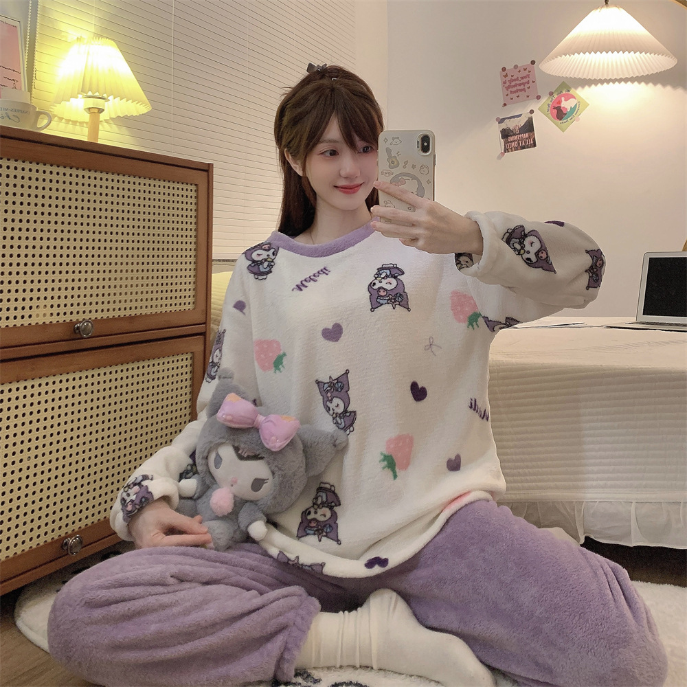 Pijamas de las mujeres del otoño y el invierno franela engrosada dulce coreano lindo coral fleece cuello redondo pijamas desgaste en casa traje