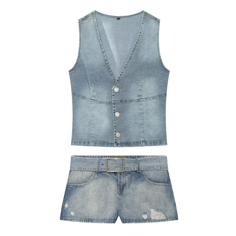 Cross-Border Women's Clothing 2026 Summer New Style Casual Denim Slim-Fit Vest Top 1300061 Shorts 5575001 Cross-Border Women's Clothing 2026 Summer New Style Casual Denim Slim-Fit Vest Top 1300061 Shorts 5575001