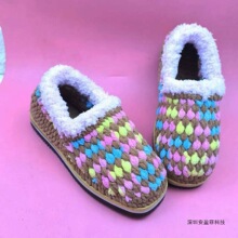 手工钩织毛线鞋成品保暖防滑棉鞋带后跟冰条线粗毛线底