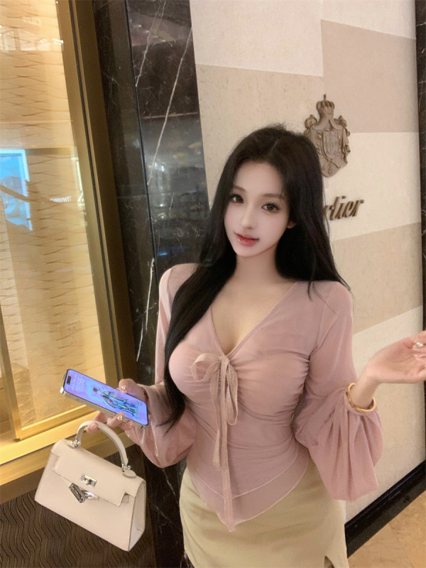 纯欲风粉色v领系带网纱长袖T恤女秋季辣妹收腰显瘦修身气质上衣|undefined