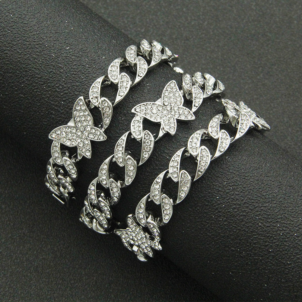 Fashion diamond-studded Cuban chain necklace full diamond butterfly hip-hop alloy necklace
