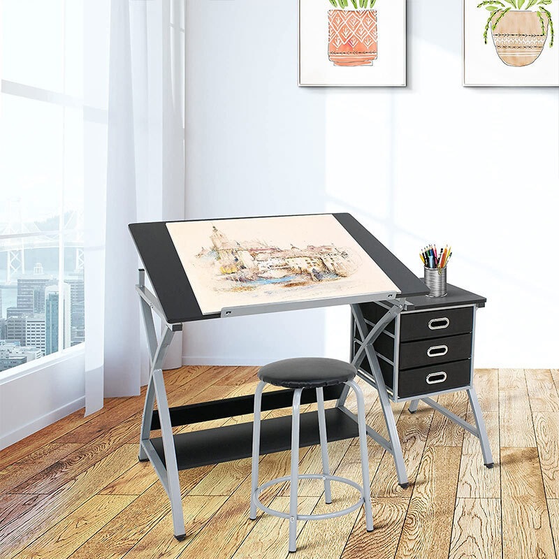 Drawing Table and Stool Set Desktop Tilting Painting Table Drafting Table with Drawer Artist Workstation Drawing Table and Stool Set Desktop Tilting Painting Table Drafting Table with Drawer Artist Workstation