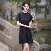 纳春Nitree复古小众国风日常提花黑色旗袍短款新中式盘扣连衣裙
