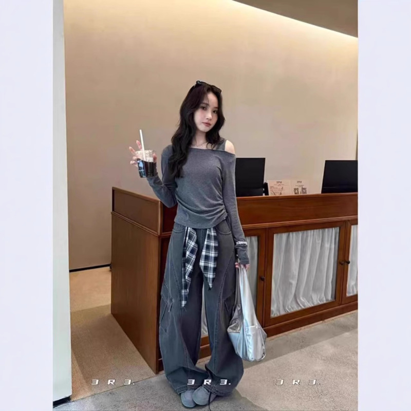 2025秋季新款韩版复古露肩腰部抽褶斜肩长袖T恤女66911|undefined