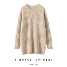 100%纯山羊绒衫女圆领套头宽松针织衫中长款打底毛衣加厚绞花上衣