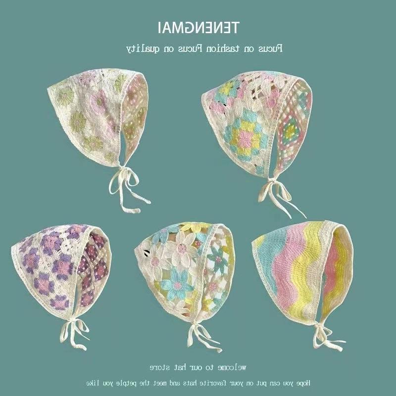 韓版三角巾手工鈎花針織髮帶女復古網紅可愛甜美小雛菊綁帶包頭巾