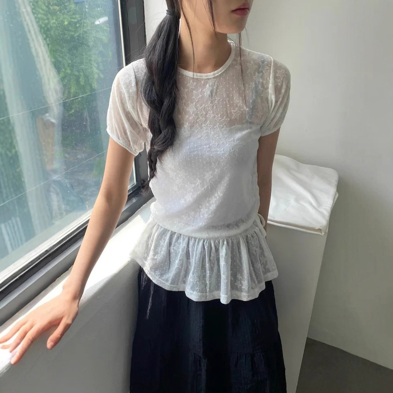 Summer Korean Japanese Style Y2K Cute Five-Pointed Star Soft Lace Cut Out Short-Sleeved Drawstring Skirt Long Top