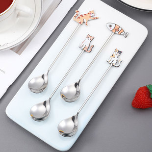 304 stainless steel spoon creative cartoon dessert coffee spoon cute cat long handle mixing spoon household small spoon