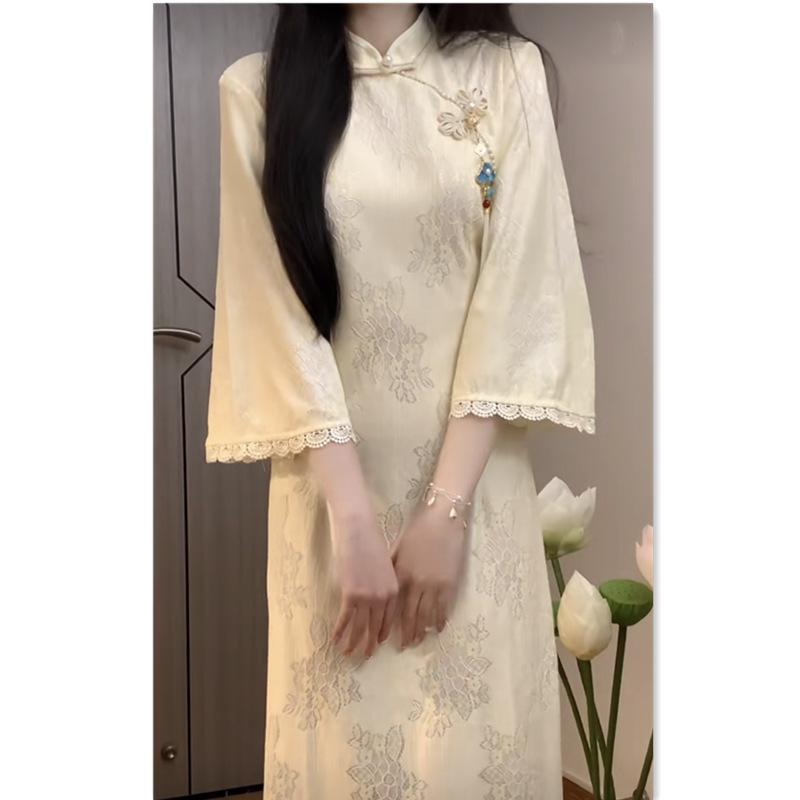 旗袍改良年轻少女2025春秋新款倒大袖气质日常中式连衣裙氨纶|undefined