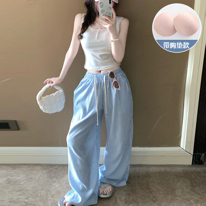 Women's Summer Lunch Break Vest and Trousers with Breast Pads, Casual, Loose, Simple, Can Be Worn Outside, Home Clothes Two-Piece Suit
