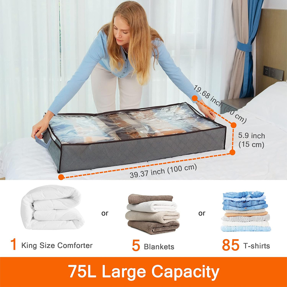 Foldable Under-Bed Storage 100x50x18cm | Dustproof Organizer | Clothes/Quilts | Gray/Black_voghion.com