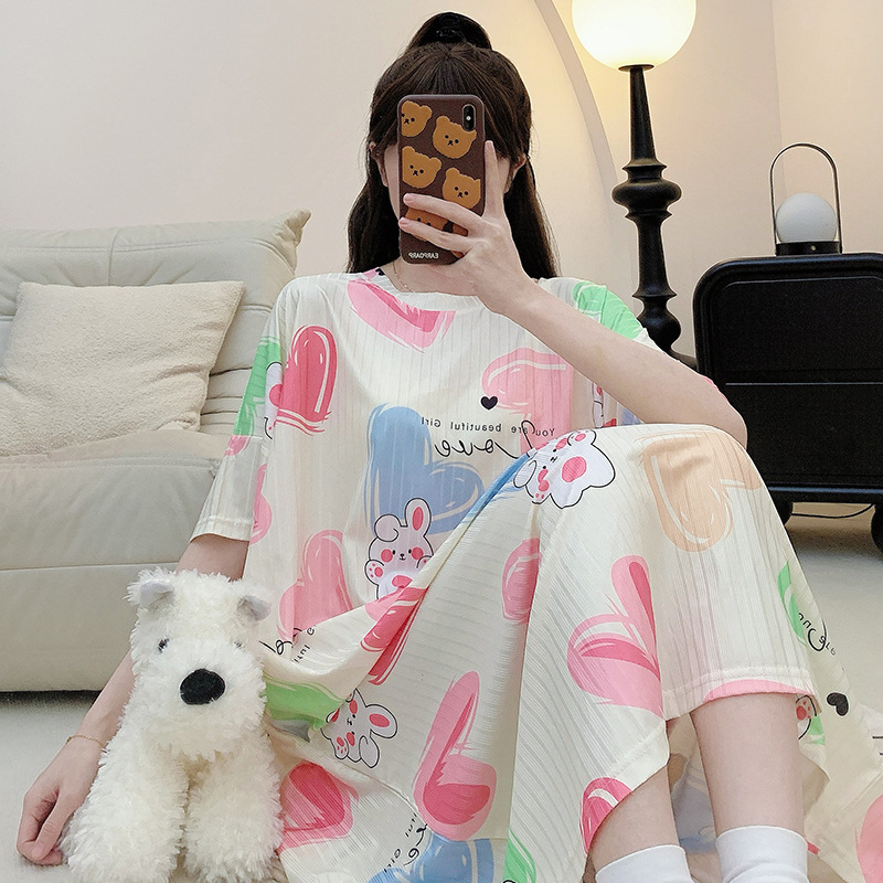 Pajamas for Women Summer Casual Cartoon Round Neck Short-Sleeved Mid-Length Loose Nightgown Plus Fat Plus Size Fat mm Home Clothes
