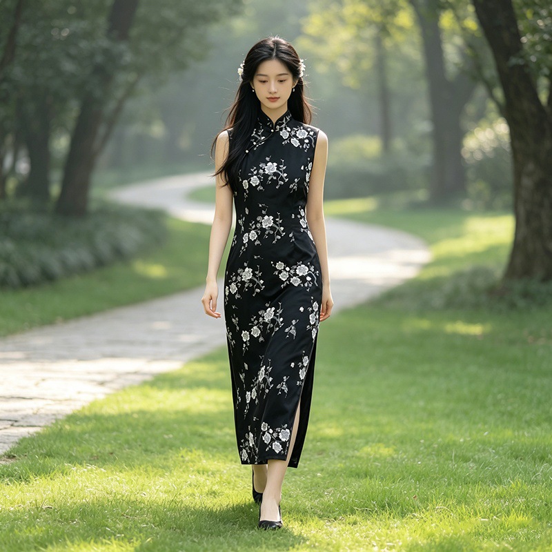黑色印花长款旗袍大气修身复古宴会女士长款2026