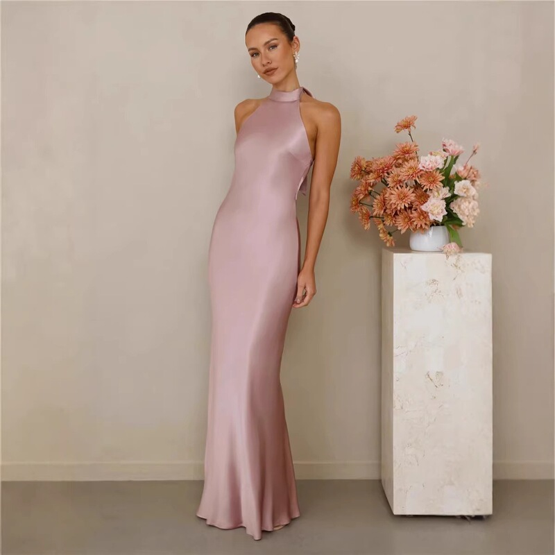 European and American Fashion Halter Neck Tie Slim Fit Dress for Women 2025 Summer New Design Satin Long Dress European and American Fashion Halter Neck Tie Slim Fit Dress for Women 2025 Summer New Design Satin Long Dress