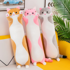 長い猫が枕を抱いてぬいぐるみを抱いています。子供は寝ています。
