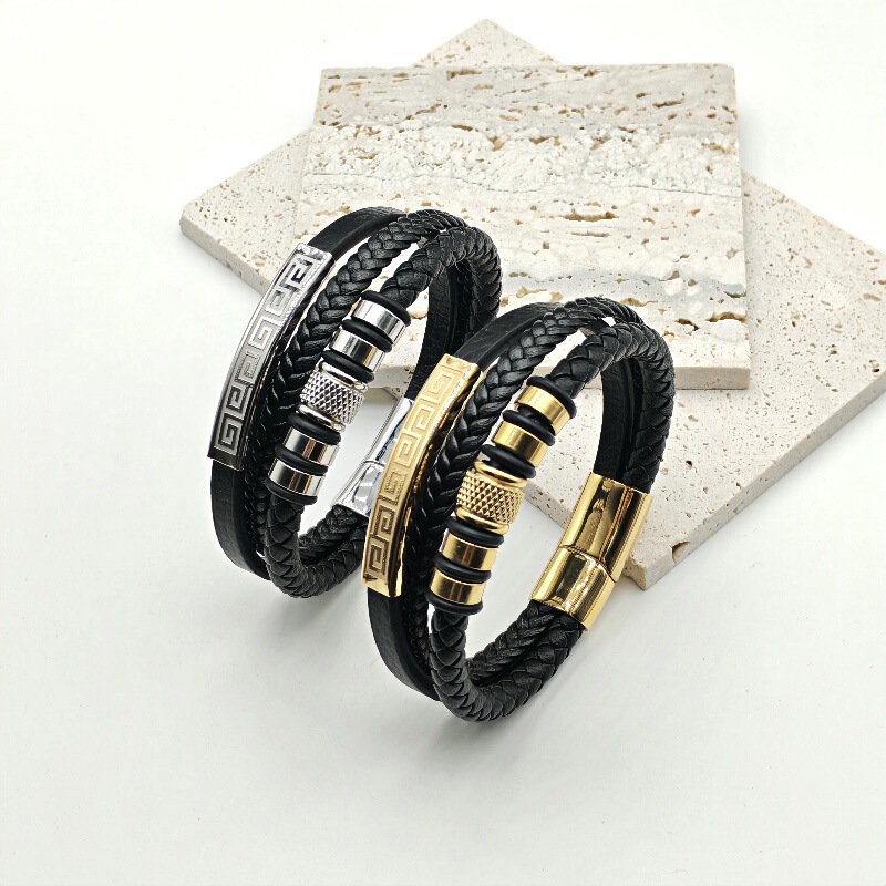 Cross-Border Exclusive Supply of Multi-Layer Braided Bracelets for Men, Stainless Steel Leather Cord Leather Bracelet with Magnetic Clasp, Curved Design