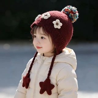 宝宝红色帽子秋冬季保暖加厚针织护耳帽女儿童防风毛线新年系带帽