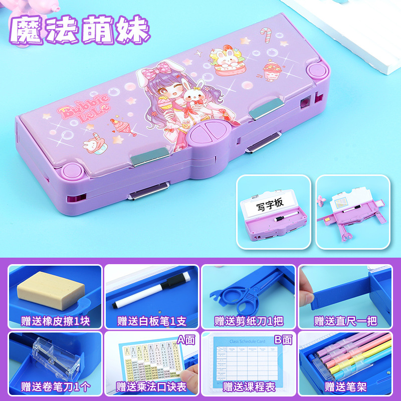 Caja de papelería multifuncional de doble cara de tres capas recientemente mejorada, caja de lápices para estudiantes de escuela primaria de gran capacidad para niños y niñas, juego de 8 piezas gratis